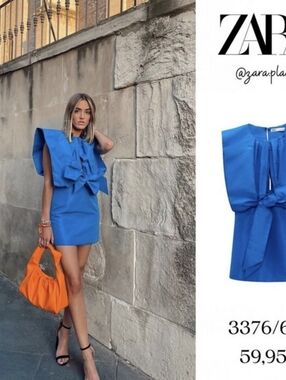 ZARA Voluminous Cobalt Blue Pleated Mini Dress with Oversized Bow
